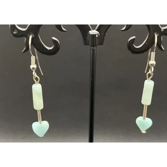 Lot of 3 Pairs Earrings Aventurine Green Stone Dangle/Drop Silver Tone Heart - Picture 4 of 10